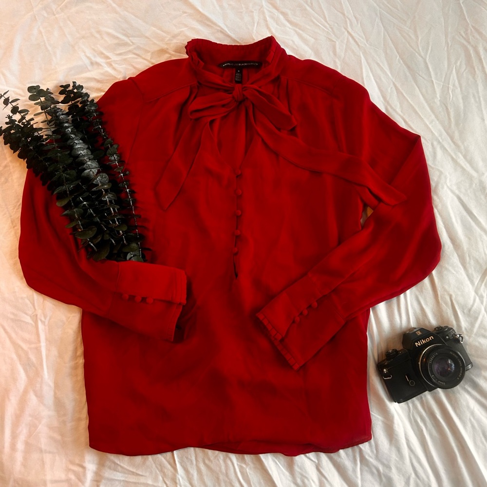 White House Black Market Red Tie-Neck Blouse Sz 6 | Holiday Elegance Top